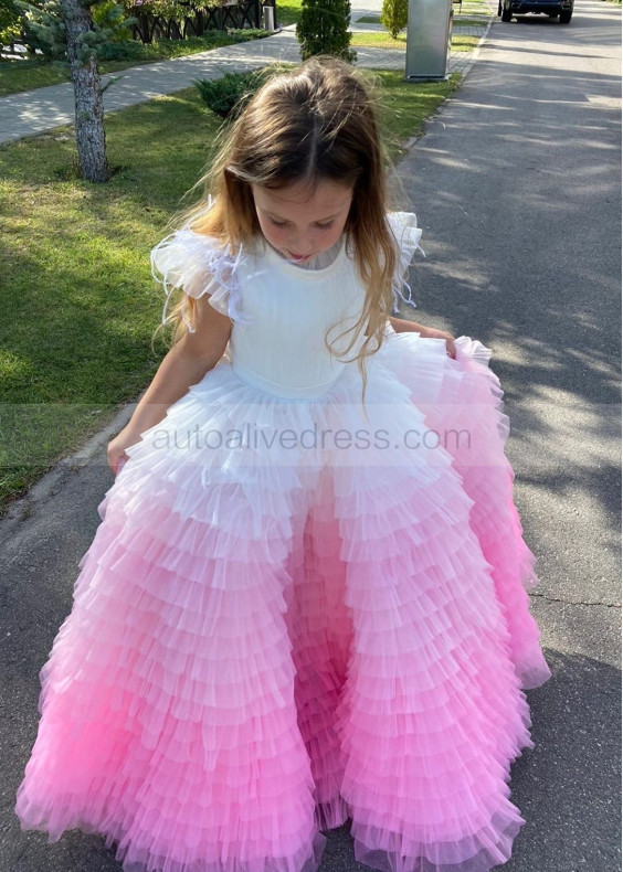 Flutter Sleeves Tulle Gradient Ruffles Flower Girl Dress